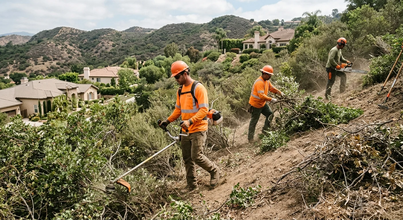Crew clearing dense hillside brush from a Westlake Village residential property