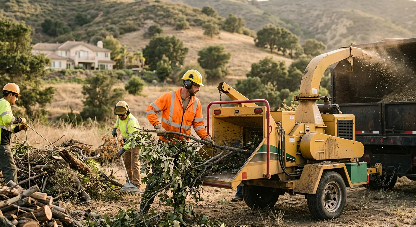 Professional-grade wood chipper processing cleared vegetation on a foothill lot