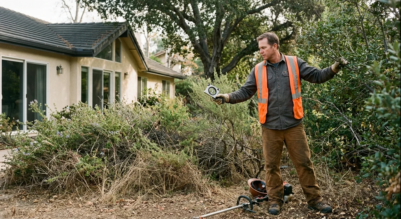 Technician evaluating overgrown undergrowth before brush removal near a home