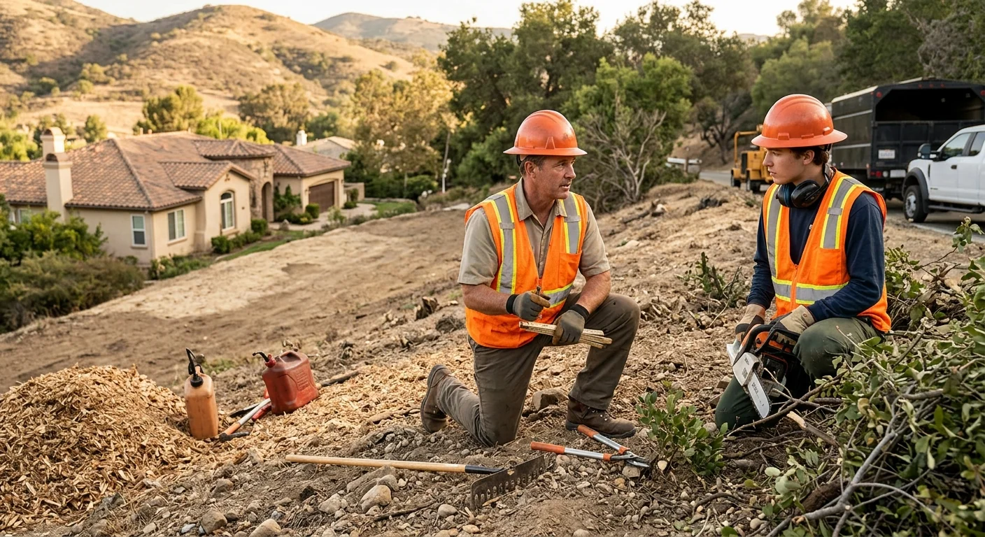 Cleared defensible space zone along a Westlake Village hillside after brush removal