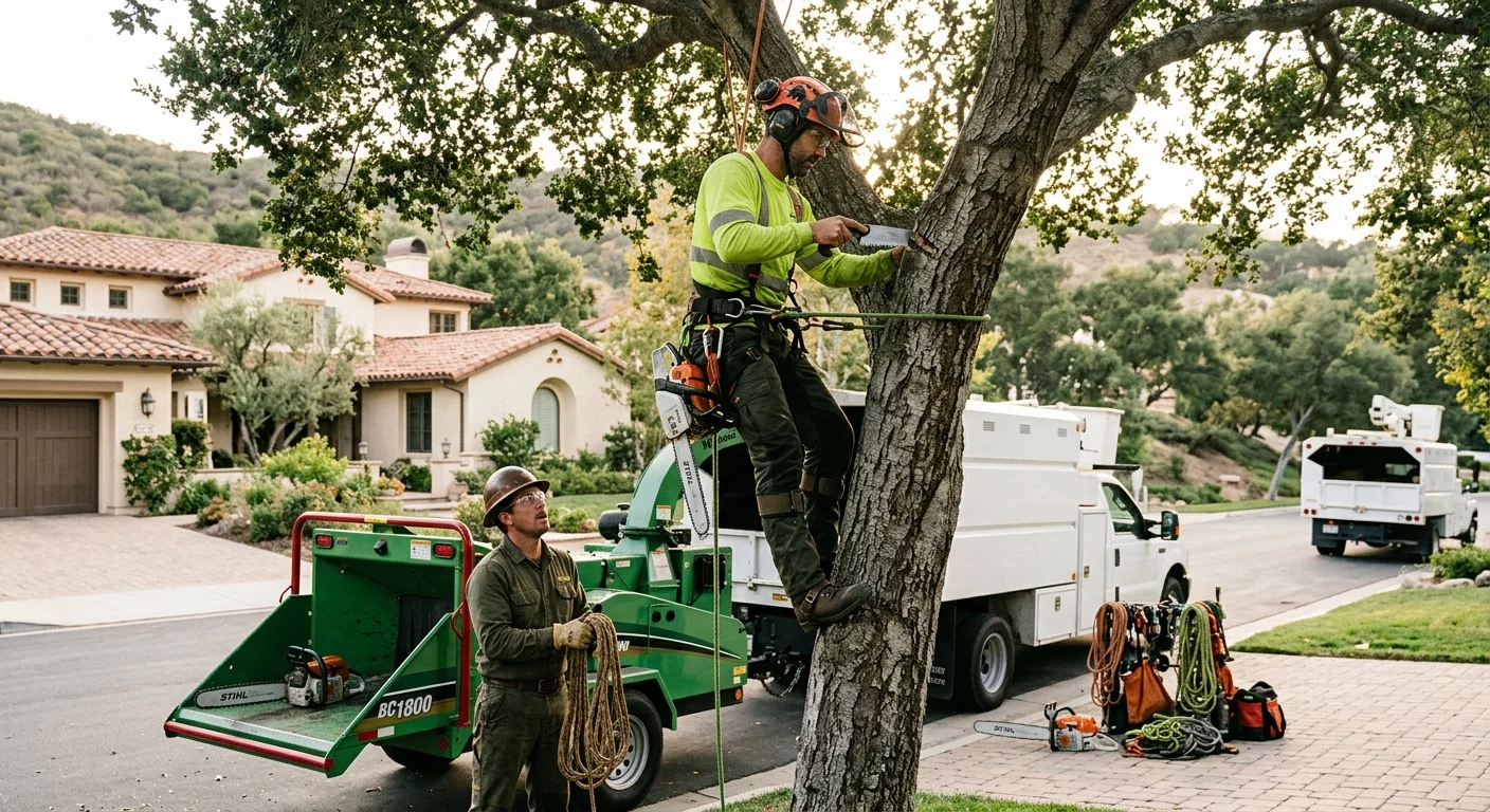 Crew clearing dense brush and undergrowth along a Westlake Village hillside property