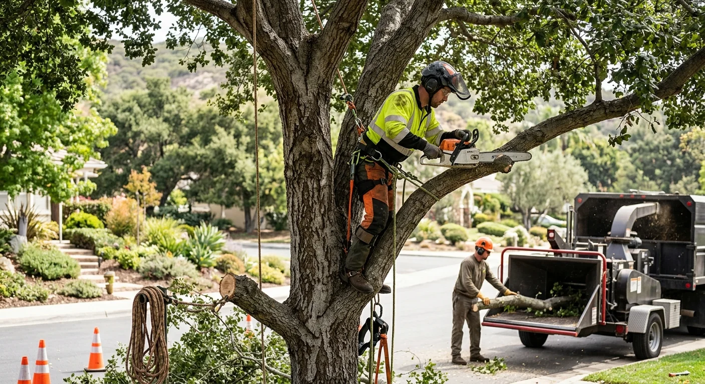 Crane positioned for a tree removal estimate on a Westlake Village property