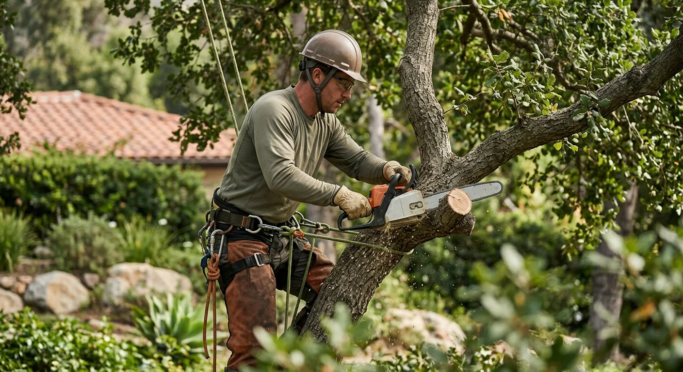 Crane lifting a large tree section during a residential removal in Westlake Village