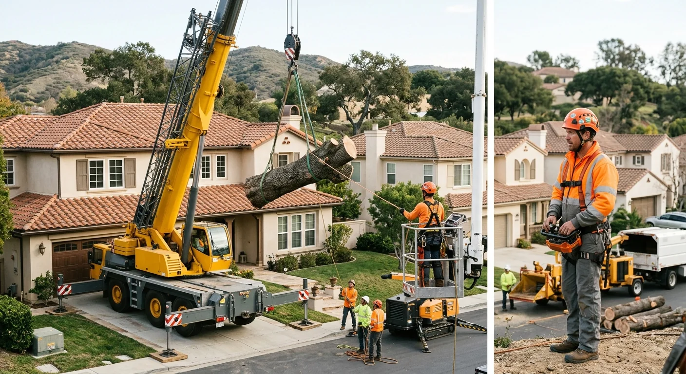 Mobile crane lifting a large tree section over a Westlake Village home