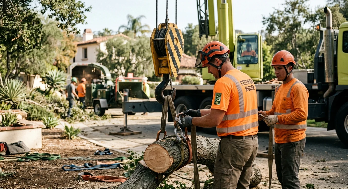 Certified rigger securing cut limbs to crane cable on a residential lot