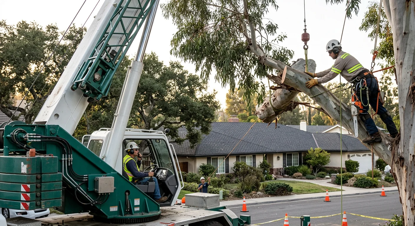 Crane operator coordinating a controlled tree removal near rooftops