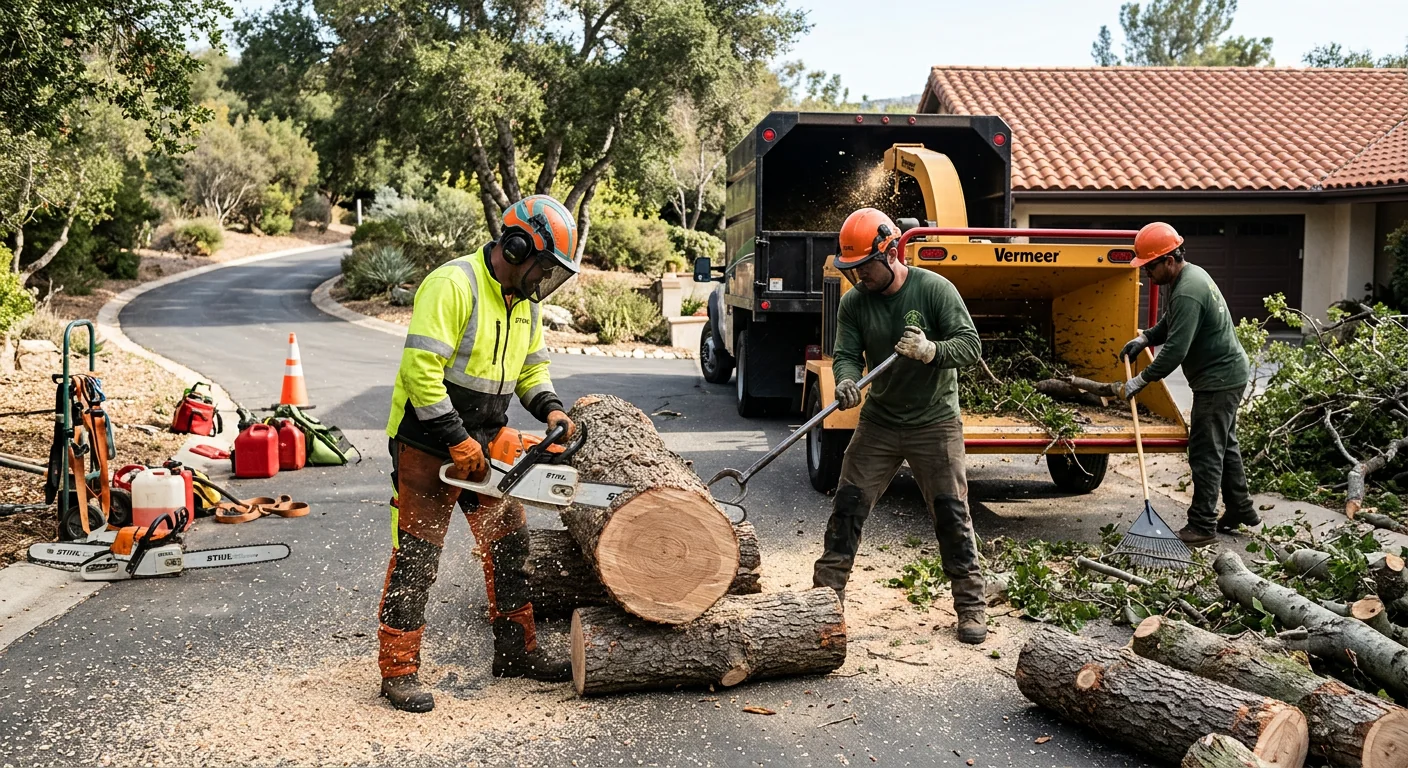 Ground crew clearing tree sections after crane removal in Westlake Village