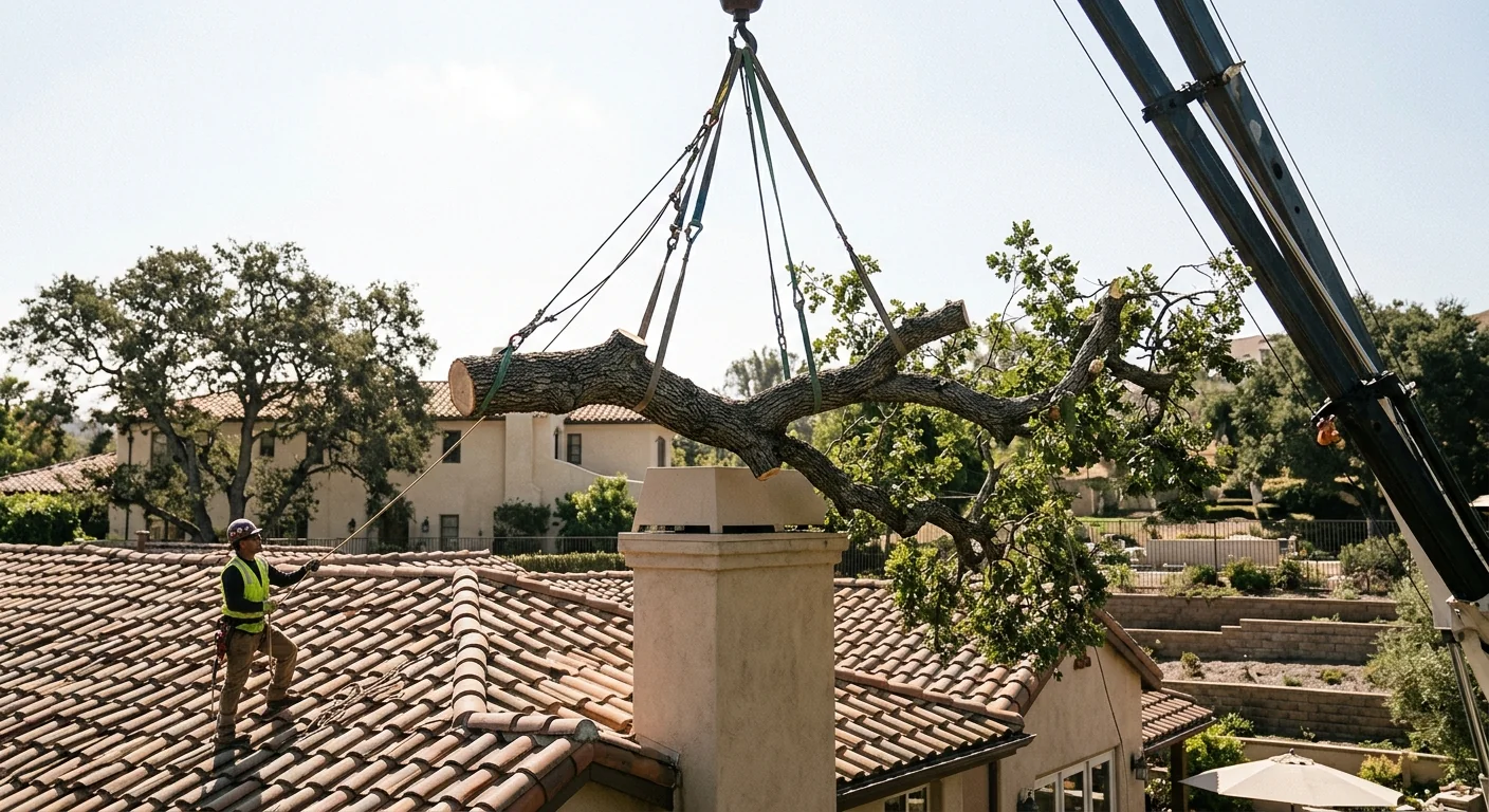 Mature Oak Takedown Above a Tile Roofline