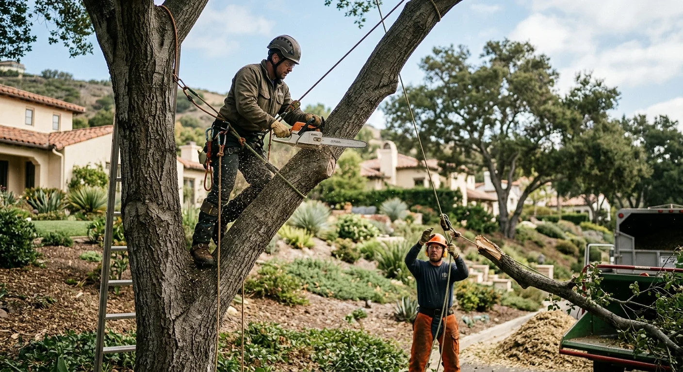 Crane lifting a large tree section away from a Westlake Village home during removal