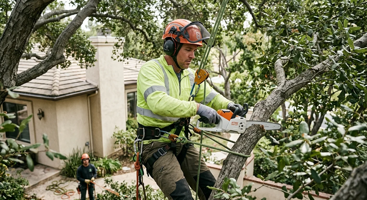 Technician reviewing an emergency tree removal estimate with a Westlake Village homeowner