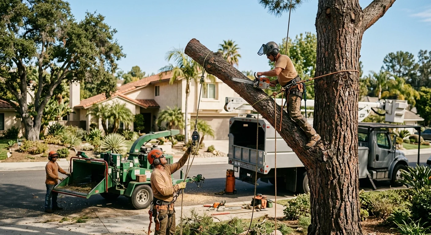 Tree crew clearing a storm-damaged tree from a Westlake Village property