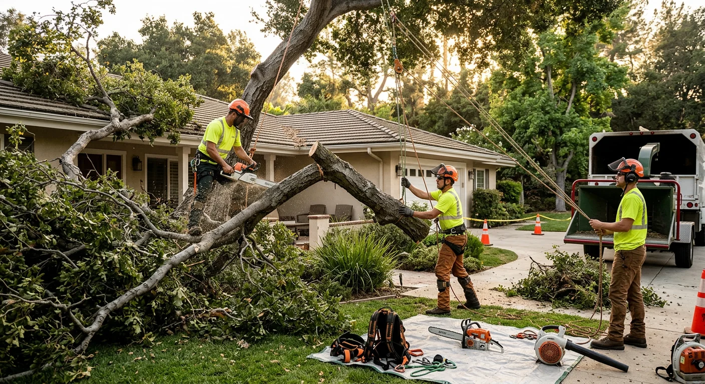 Crew safely removing a storm-damaged tree from a Westlake Village home