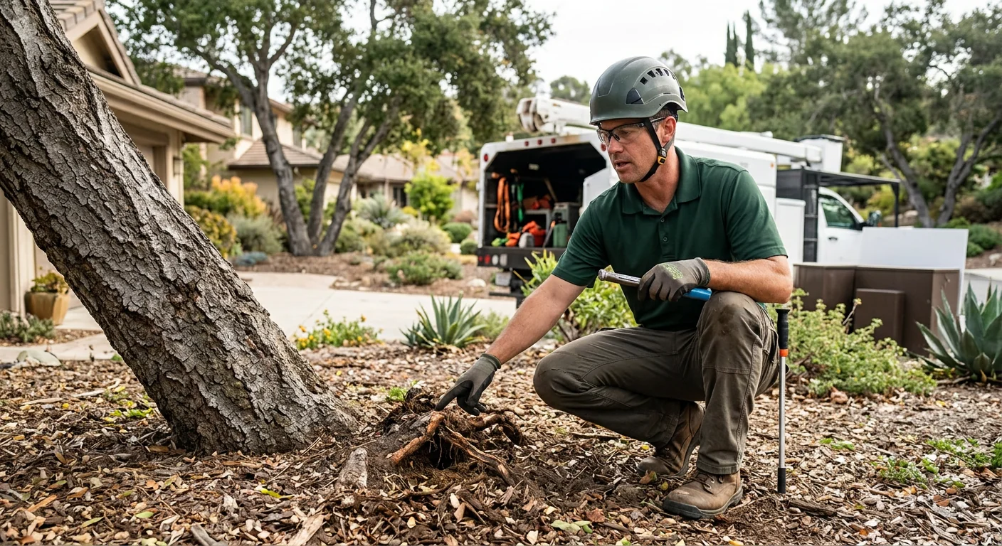 Arborist assessing a leaning tree with compromised roots after high winds