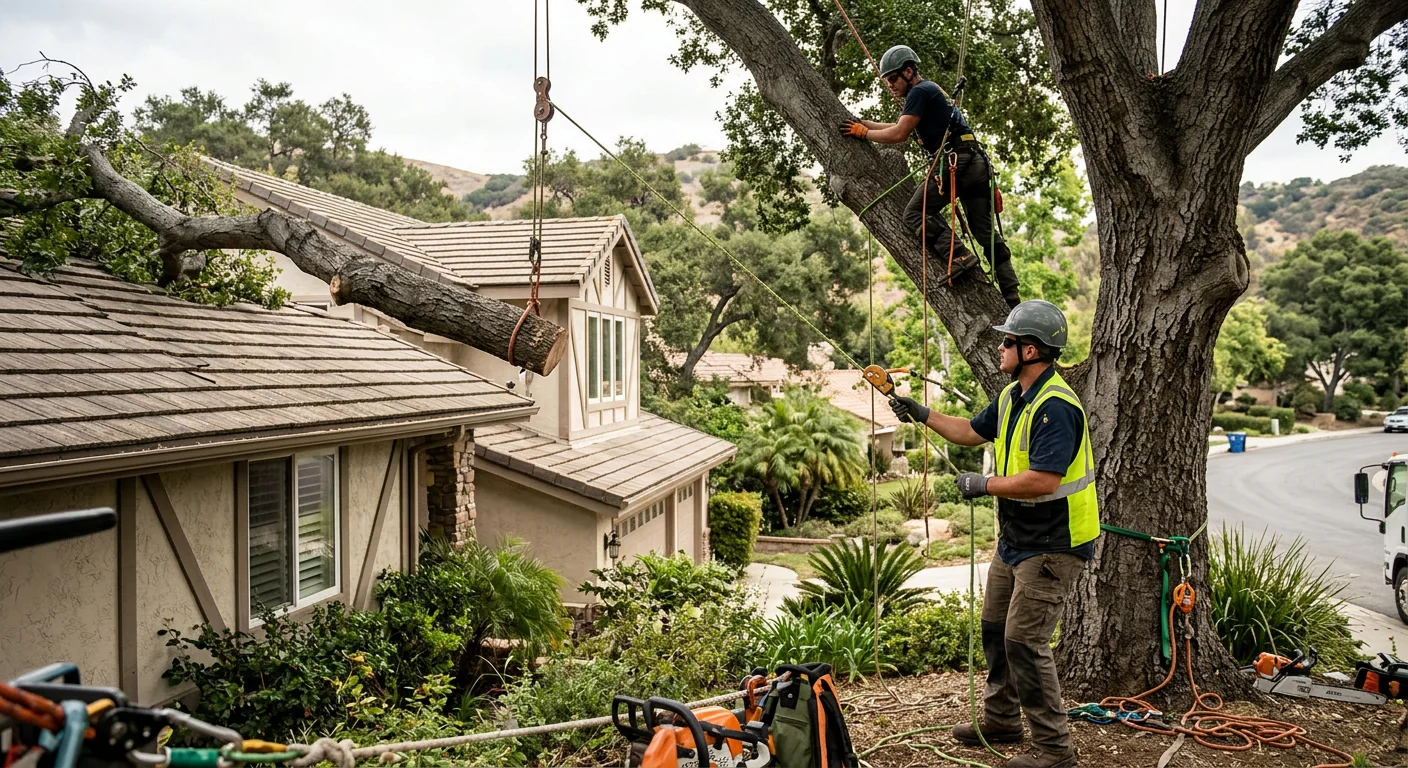 Rigging lines lowering a heavy limb away from a residential roofline