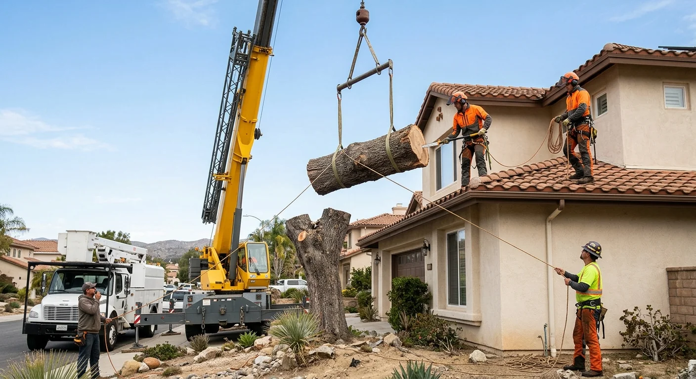 Crane-Assisted Trunk Removal Near Roofline