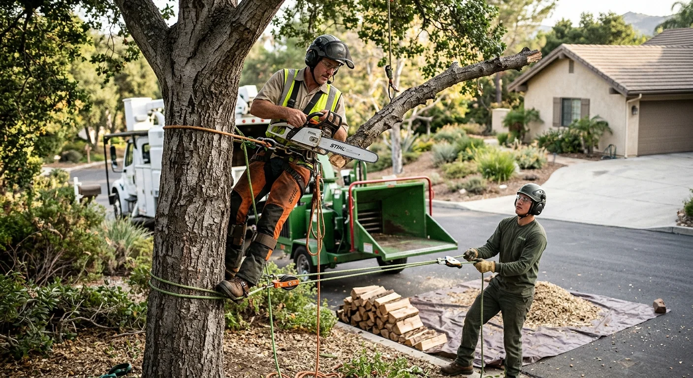 Tree crew clearing a storm-damaged limb from a Westlake Village property at dusk