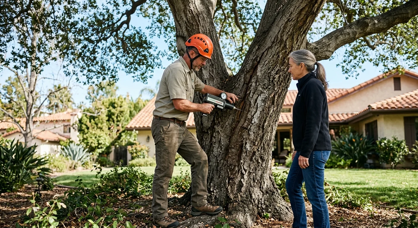 Estimator measuring trunk diameter to price a hazardous tree removal job