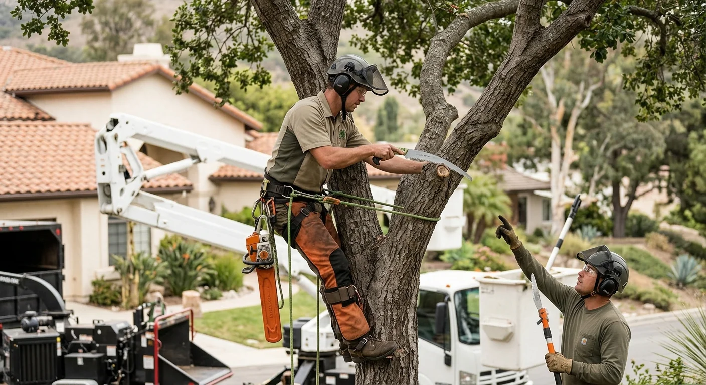 Certified crew preparing equipment for hazardous tree removal on a Westlake Village property