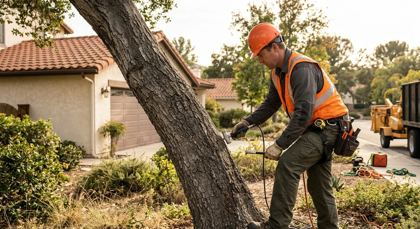 Arborist inspecting a leaning hazardous tree beside a Westlake Village home