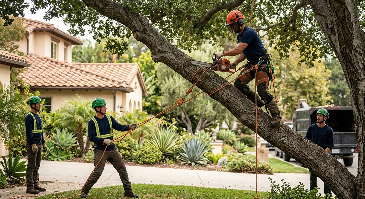Crew using rigging lines to lower a large limb during removal