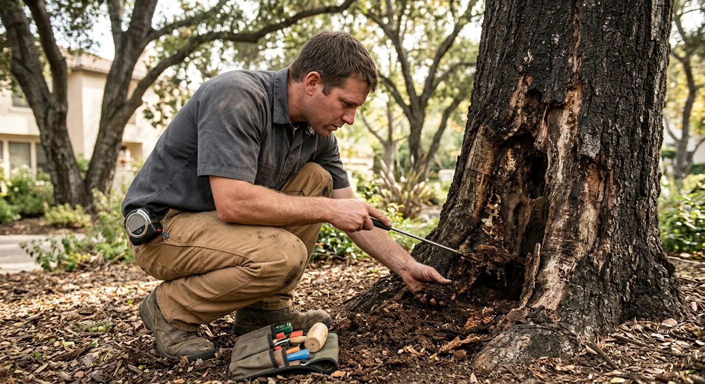 Technician assessing root decay at the base of an unstable trunk
