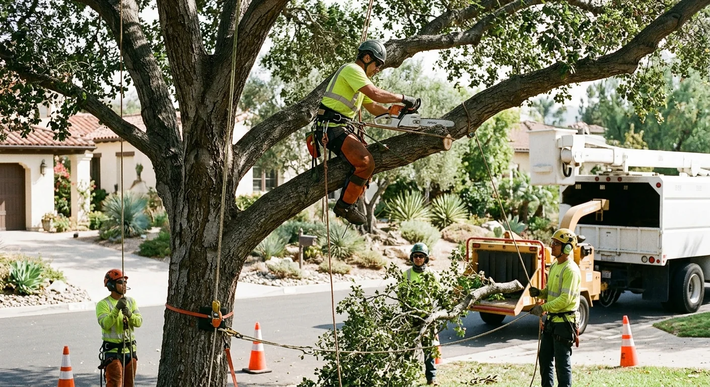 Certified crew using crane rigging to remove a hazardous leaning tree safely
