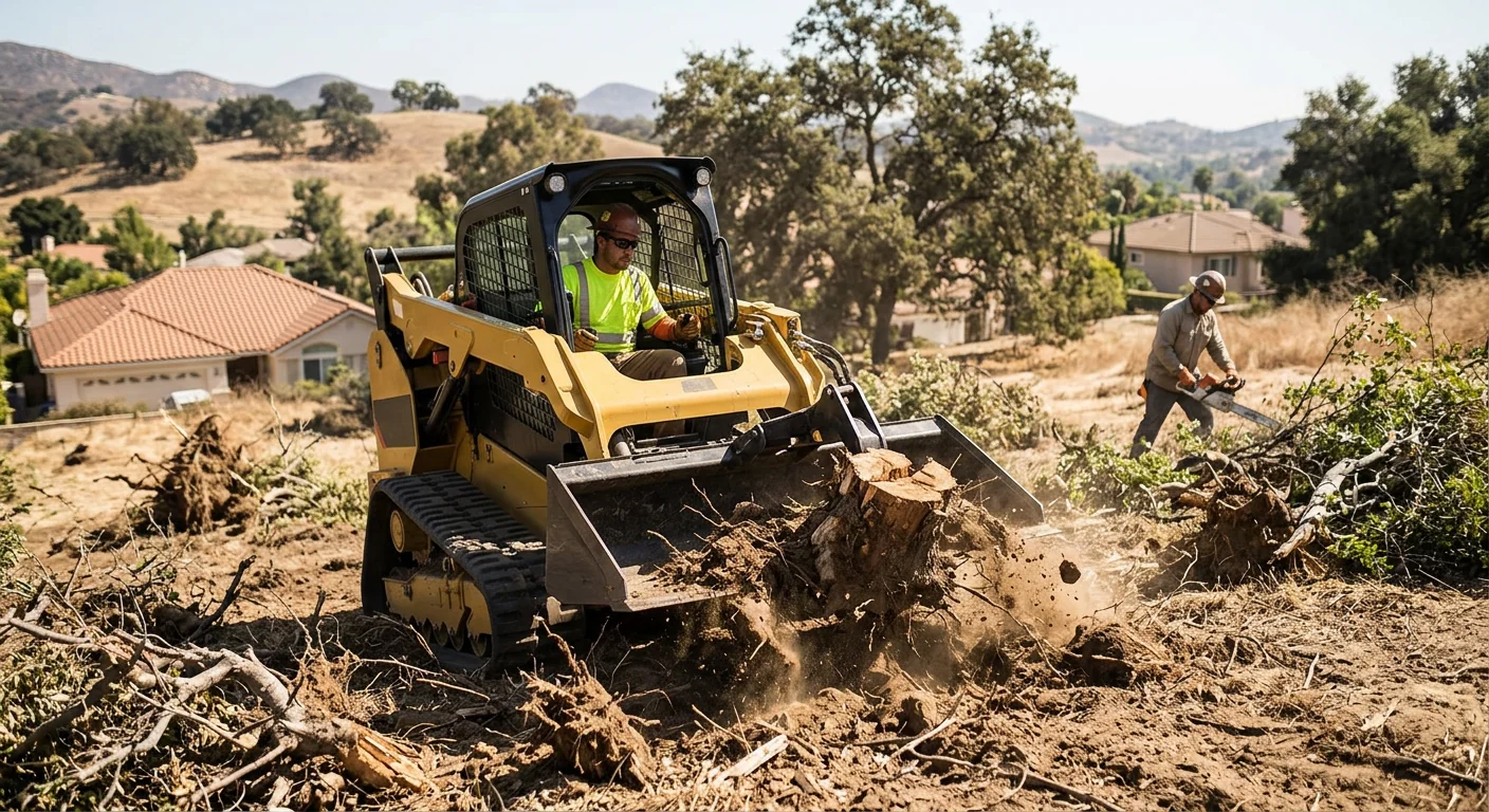 Skid steer removing vegetation and stumps during a lot clearing project