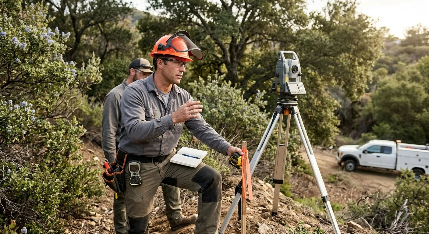 Technician evaluating slope and access points before land clearing begins
