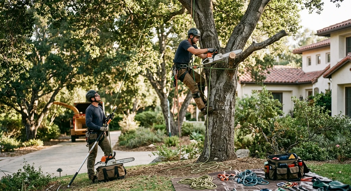 Forestry mowing crew clearing brush and small trees on a Westlake Village lot