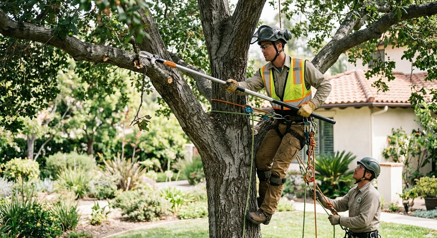 Arborist inspecting a storm-damaged tree to prepare a written cleanup estimate