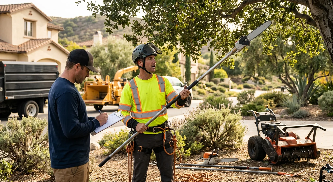 Tree crew clearing storm-damaged branches from a residential yard in Westlake Village