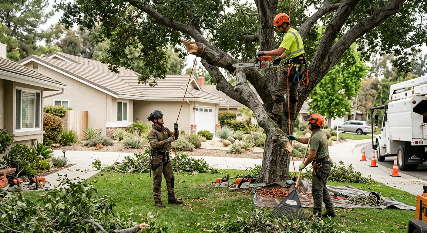 Crew removing storm-damaged tree limbs from a Westlake Village residential yard