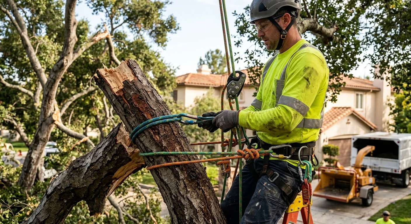 Technician rigging a broken trunk section for controlled lowering after a storm
