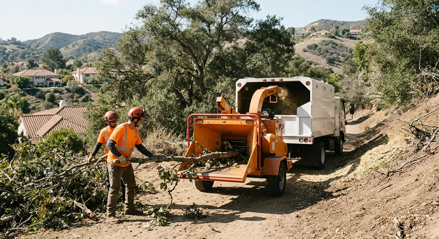Chipper processing fallen branches during storm cleanup on a hillside property