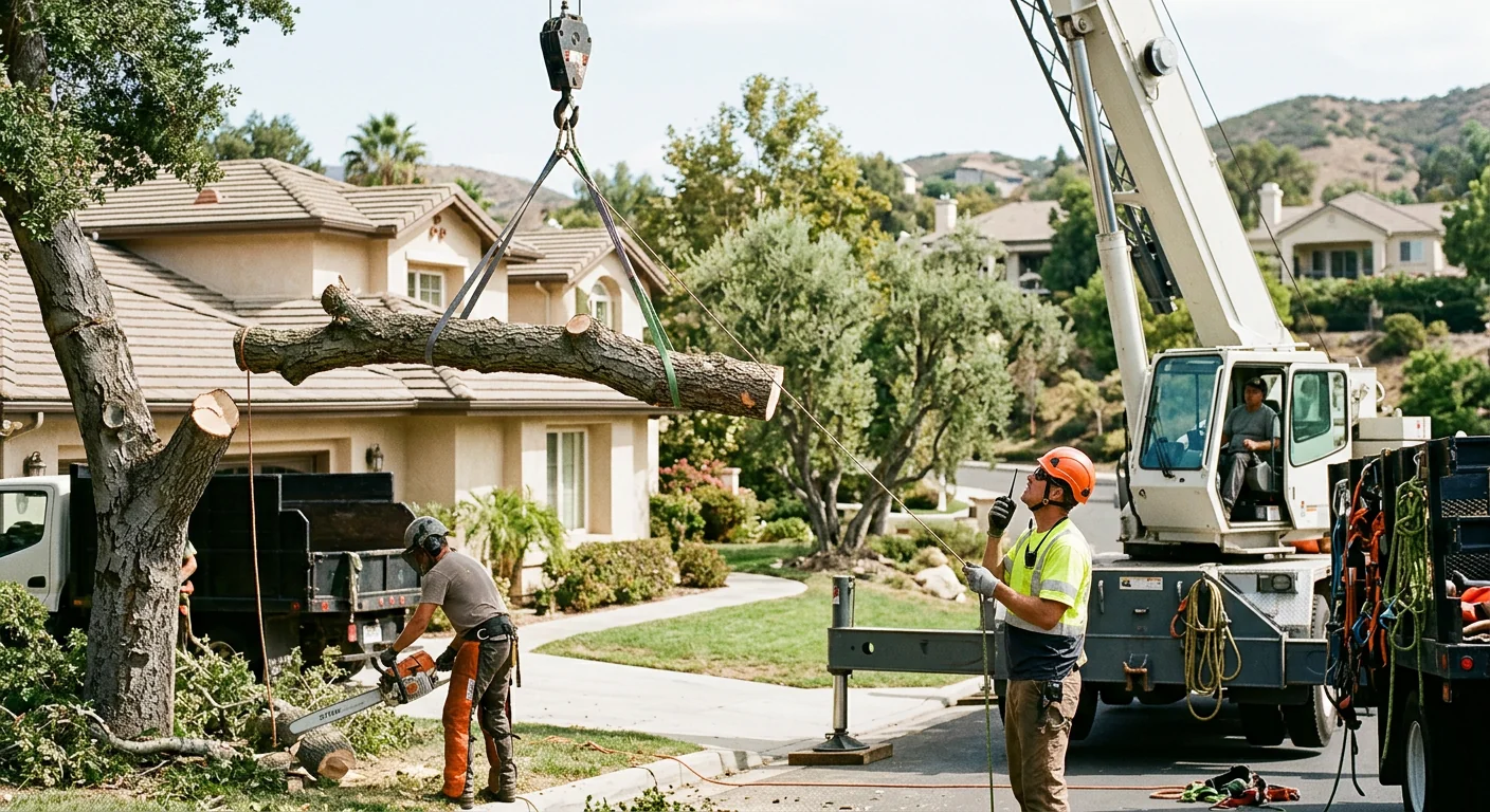 Crane-Assisted Limb Removal Near Roofline