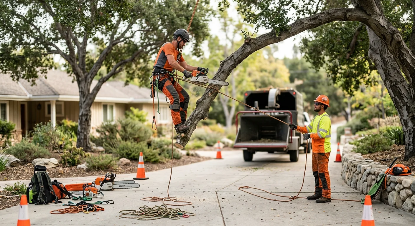 Tree crew clearing storm-damaged limbs from a residential yard in Westlake Village