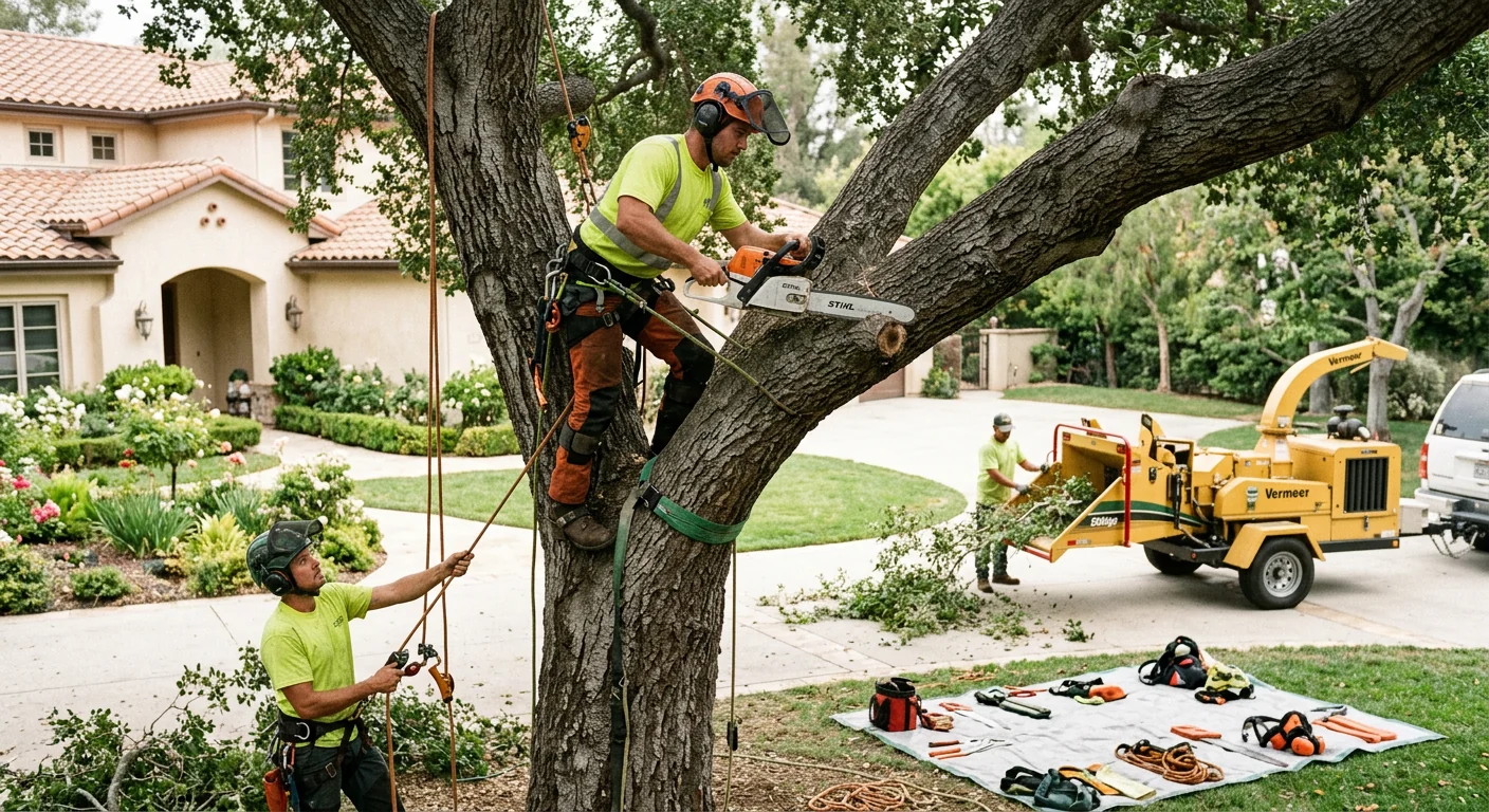 Operator preparing a stump grinder for a cost assessment on a Westlake Village property