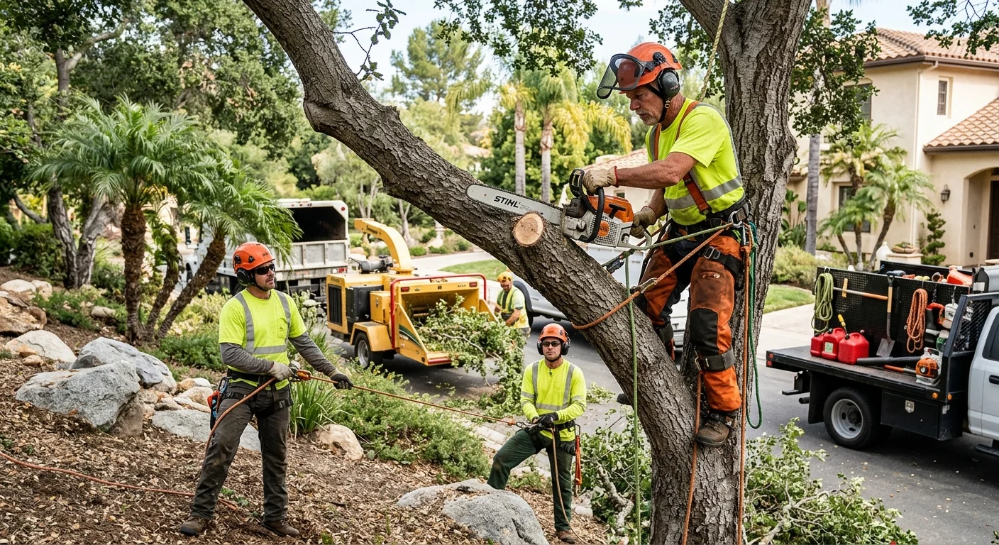 Technician operating a stump grinder to remove a tree stump in a residential Westlake Village yard