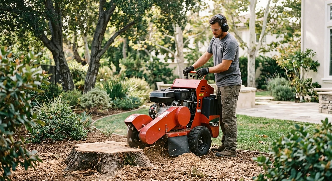 Stump grinder cutting through a hardwood stump in a Westlake Village backyard