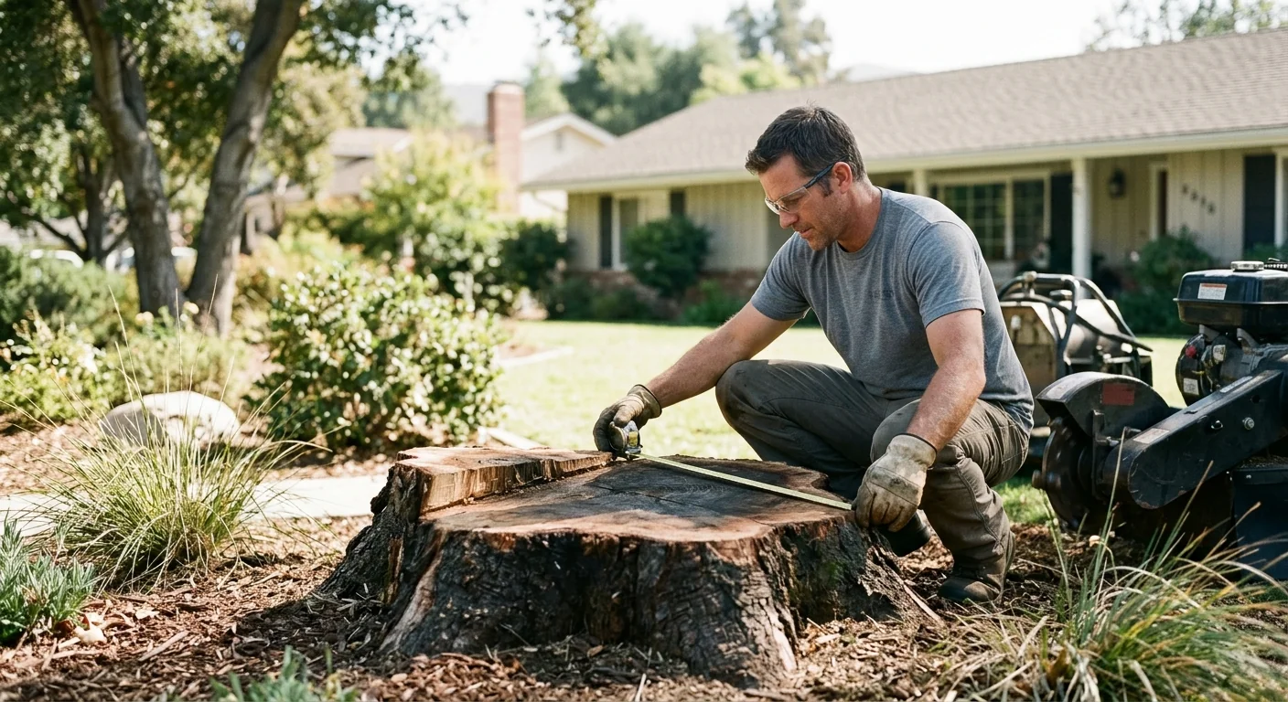 Technician inspecting stump diameter before beginning grinding work