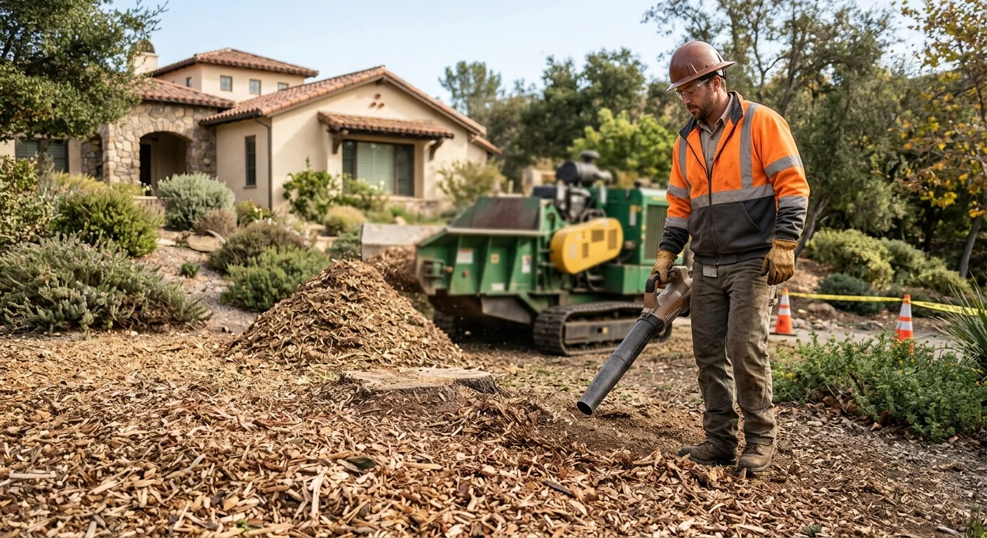 Wood chips and mulch produced from a ground tree stump on a residential lot