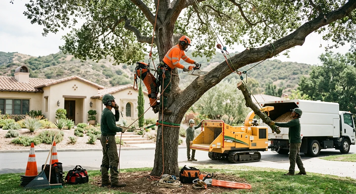 Technician operating a professional stump grinder in a Westlake Village backyard