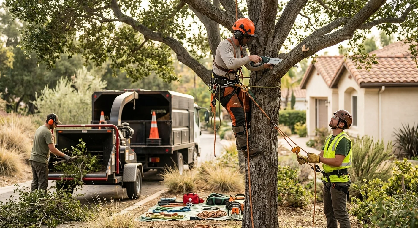 Arborist measuring canopy spread while planning cable placement on a large tree