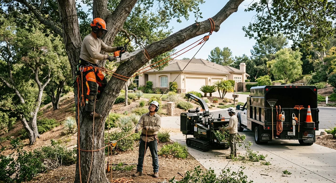Arborist installing steel support cables in a mature tree in Westlake Village