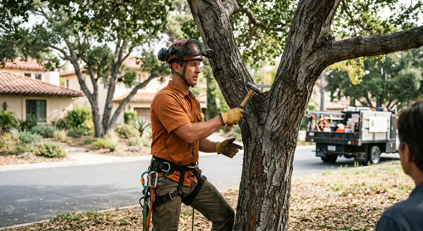 Arborist inspecting a weak branch union on a mature oak in Westlake Village