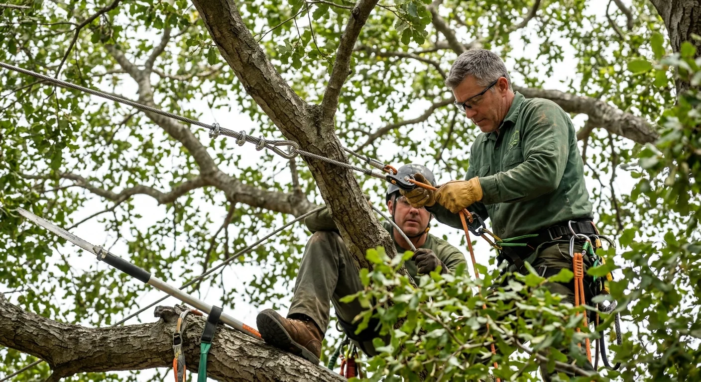Steel cable installed high in a tree canopy for structural support