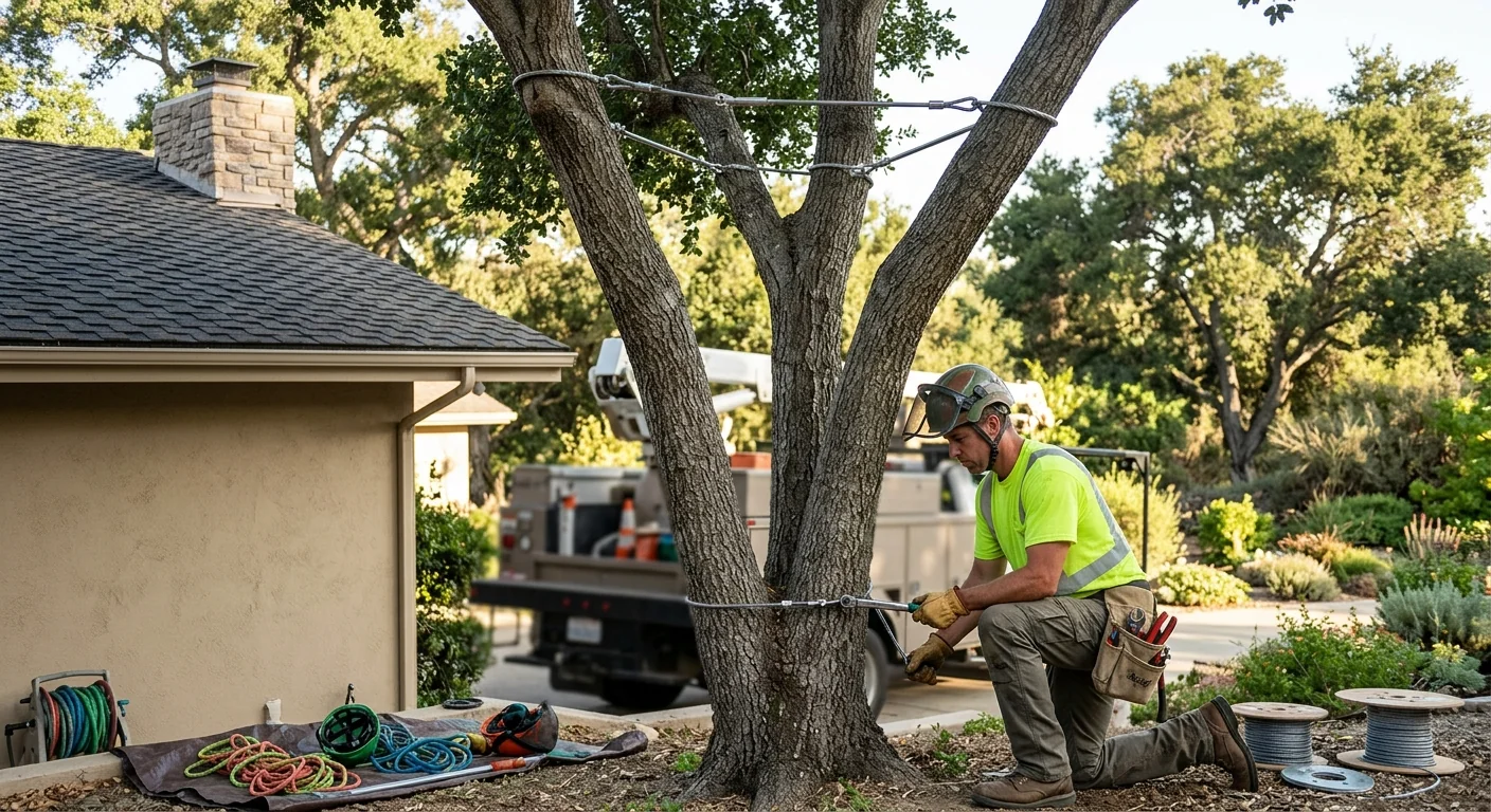 Supported multi-stem tree standing near a residential rooftop after cabling work