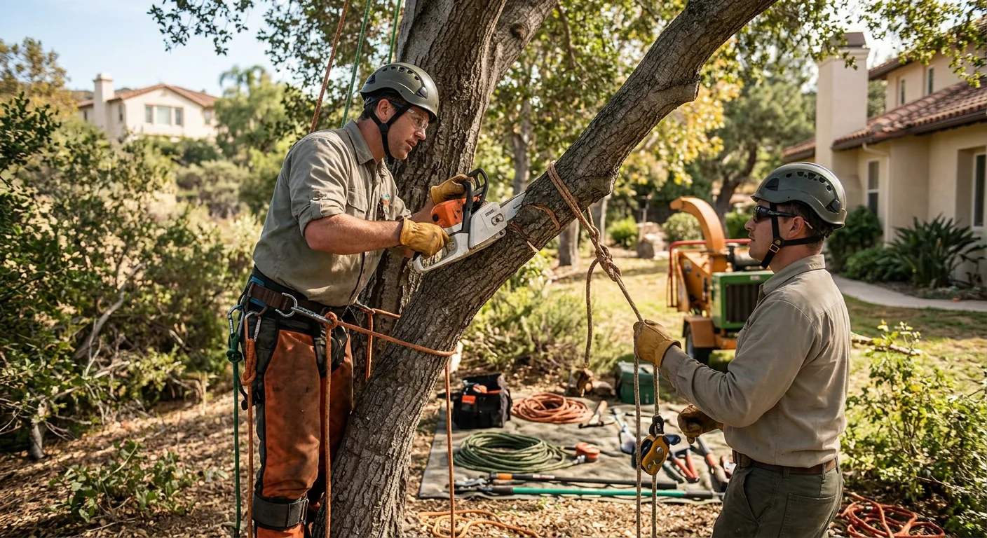 Arborist installing steel support cable in the upper crown of a mature oak