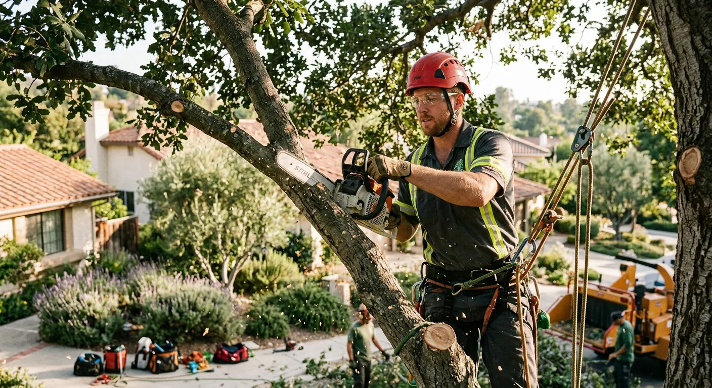 Arborist reviewing an estimate with a homeowner beside a shade tree