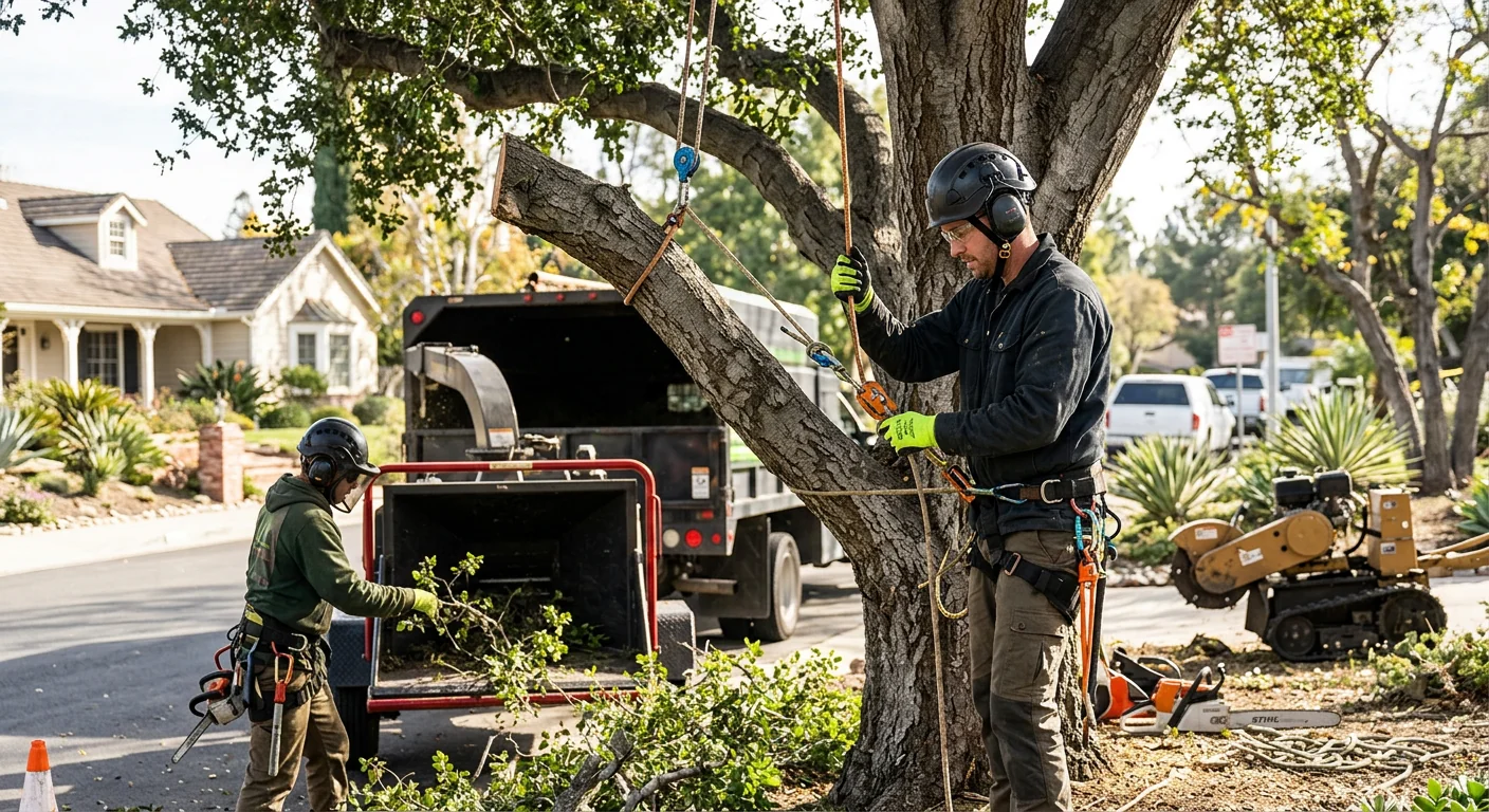 Arborist inspecting a mature tree canopy during a health evaluation in Westlake Village